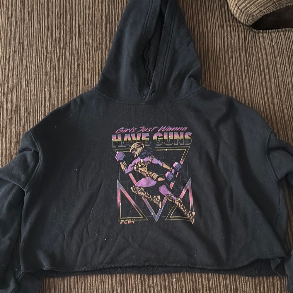 Black FlexComics Cropped Hoodie with Graphic Print